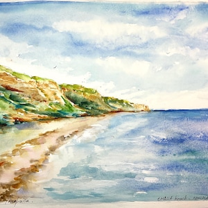 Pittura sulla spiaggia di Omaha, acquerello originale, paesaggio marittimo della spiaggia dello sbarco, Normandia Francia, memoriale della seconda guerra mondiale