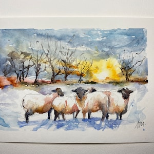 Peinture aquarelle de moutons, paysage de troupeau dans la campagne, peinture originale de moutons dans les prés au couchant, art mural image 5