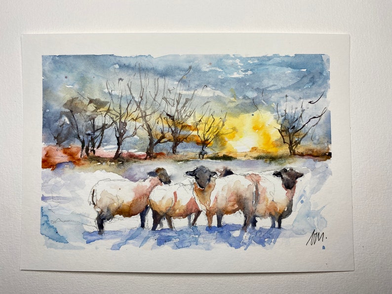 Peinture aquarelle de moutons, paysage de troupeau dans la campagne, peinture originale de moutons dans les prés au couchant, art mural image 5