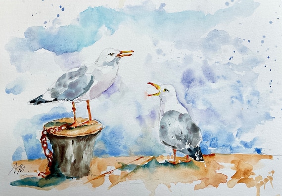 オリジナルの水彩画の 2 羽のカモメ、カモメの絵、海洋をテーマにした