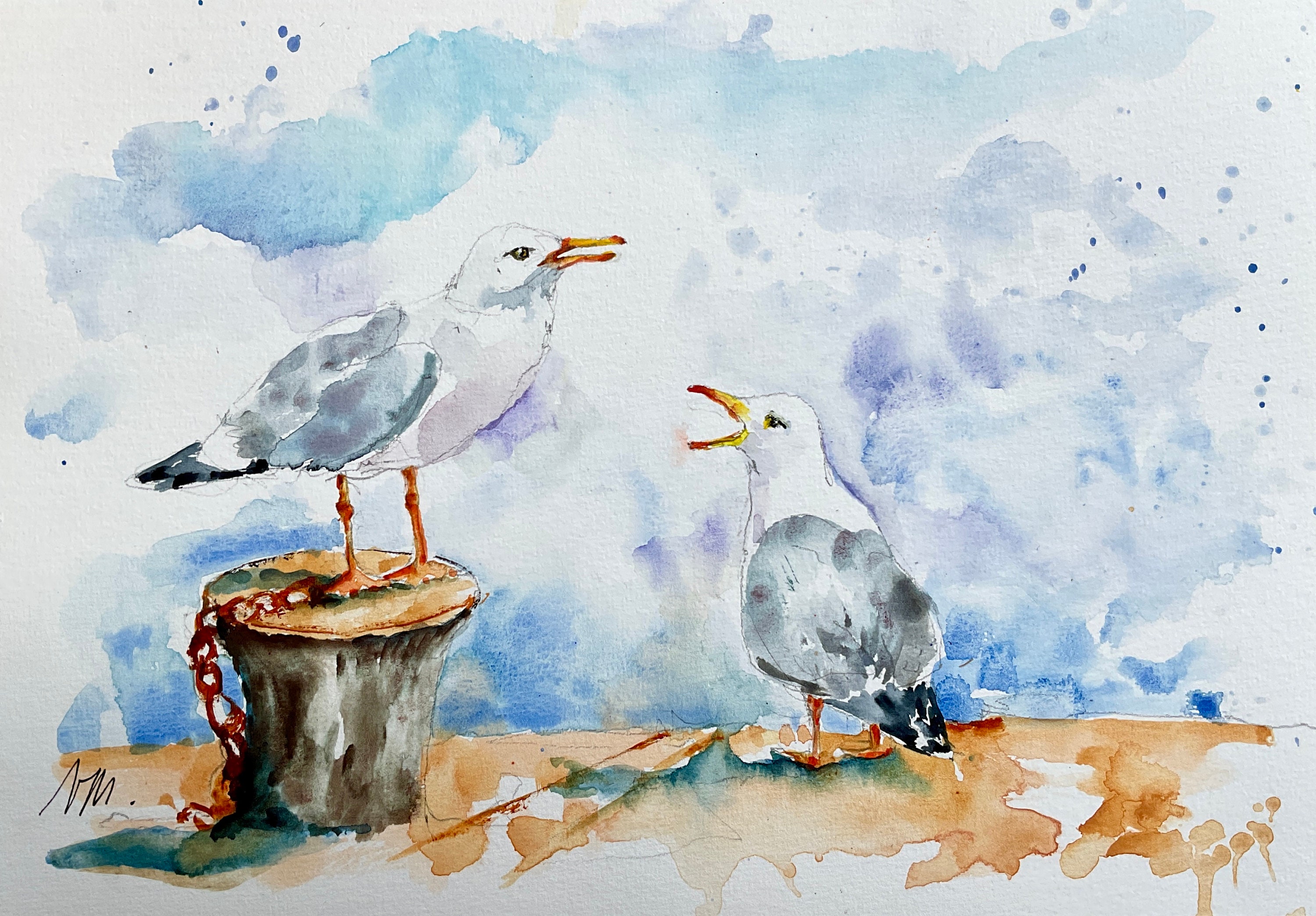 オリジナルの水彩画の 2 羽のカモメ、カモメの絵、海洋をテーマ