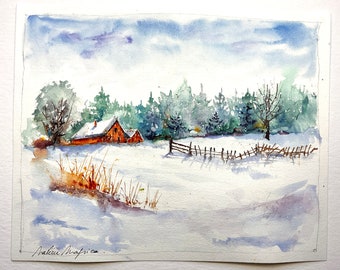 オリジナルの水彩画に描かれた雪の下の納屋、冬の田舎の風景、白い冬の