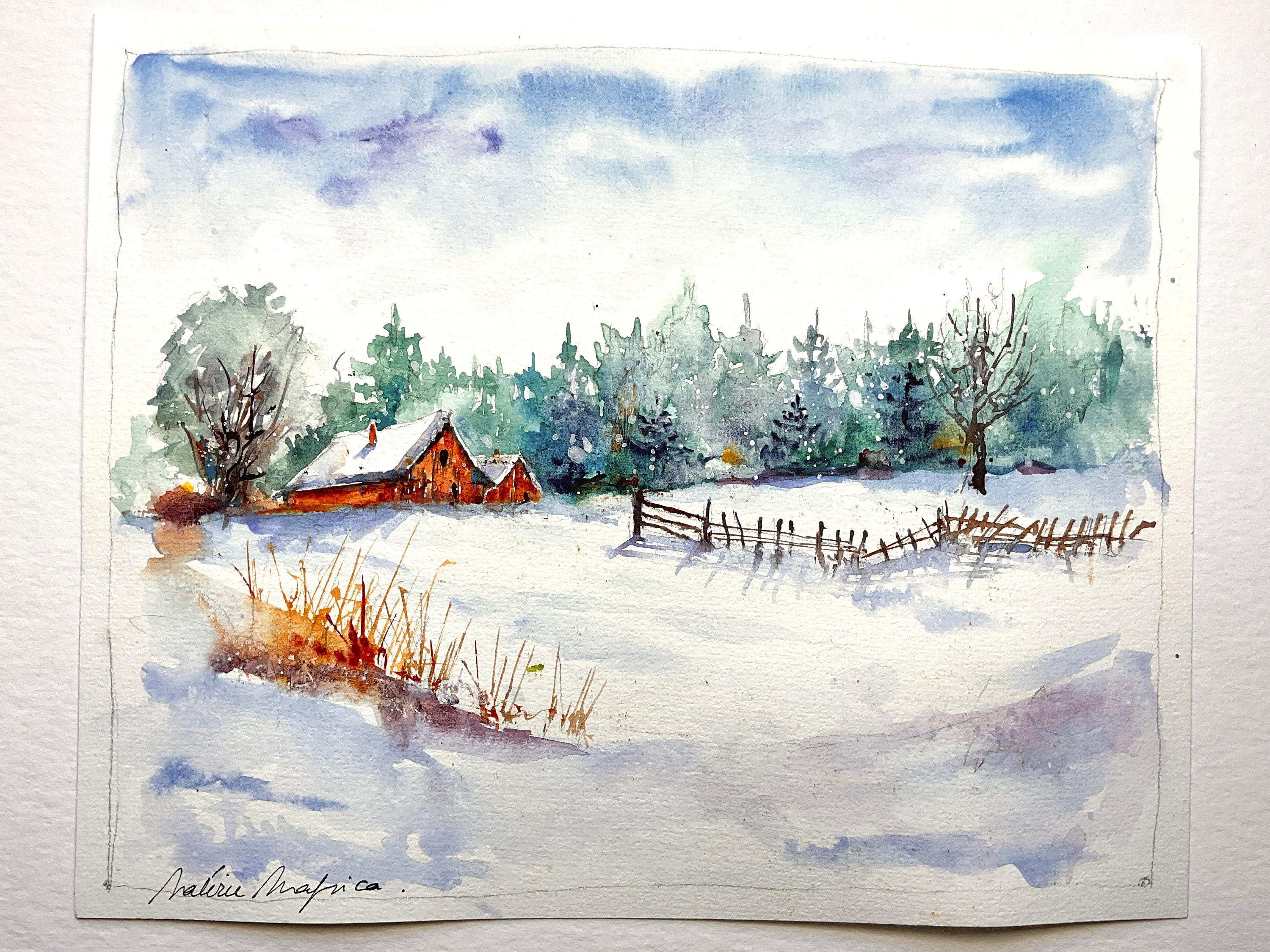 オリジナルの水彩画に描かれた雪の下の納屋、冬の田舎の風景