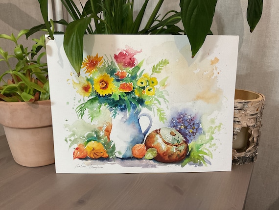 Original Watercolor Painting of Autumn Flowers Bouquet, Fall