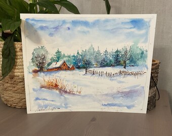 オリジナルの水彩画に描かれた雪の下の納屋、冬の田舎の風景