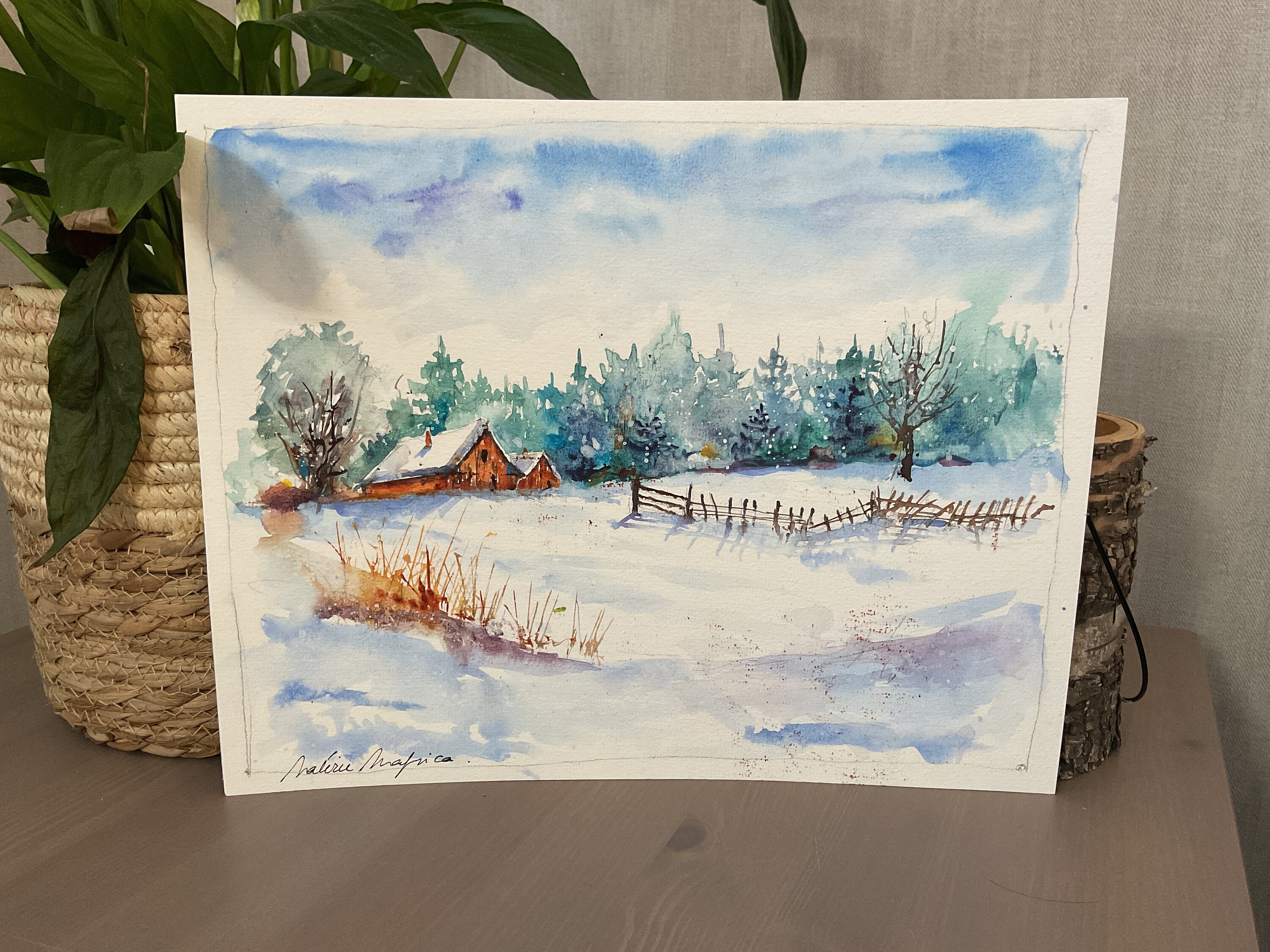 オリジナルの水彩画に描かれた雪の下の納屋、冬の田舎の風景、白い冬の
