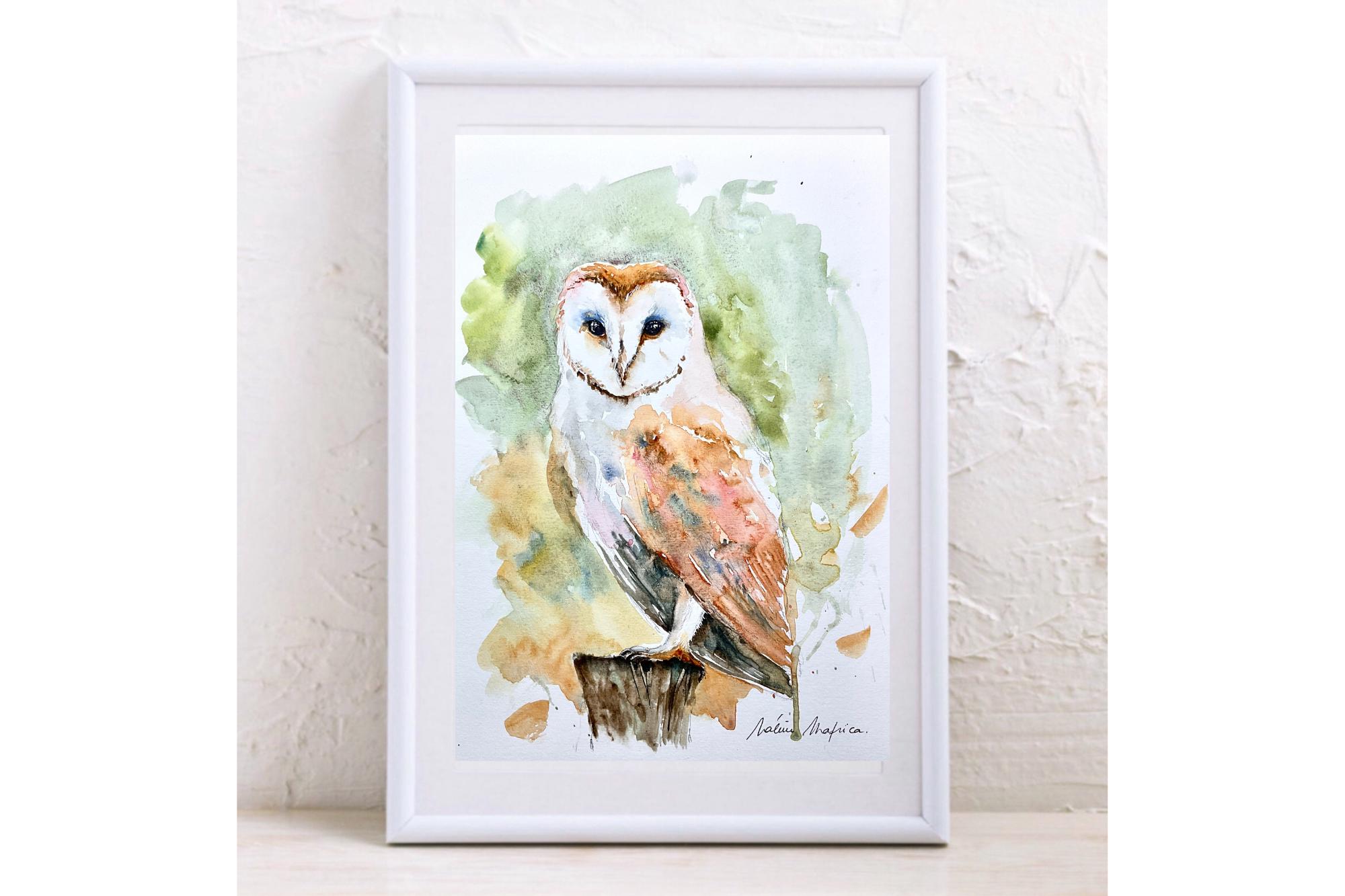 水彩フクロウ、オリジナルのフクロウの絵画、フクロウの装飾、フクロウ