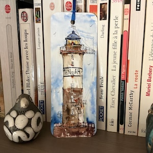 Ar-Men lighthouse watercolor bookmark – light in the ocean night in Britany
