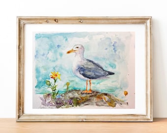 オリジナルの水彩画のカモメ、カモメの絵画、海洋をテーマにした