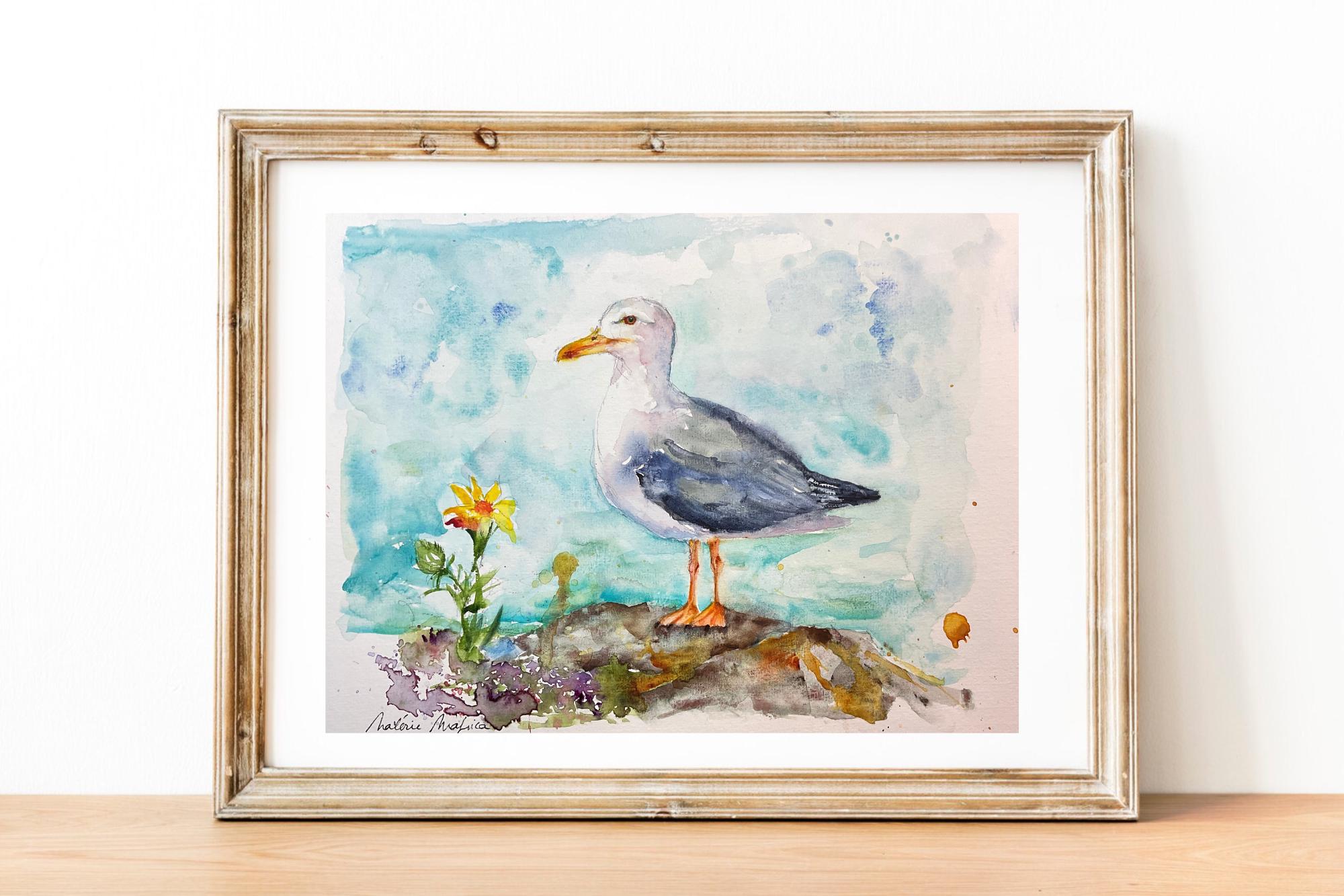オリジナルの水彩画のカモメ、カモメの絵画、海洋をテーマにした