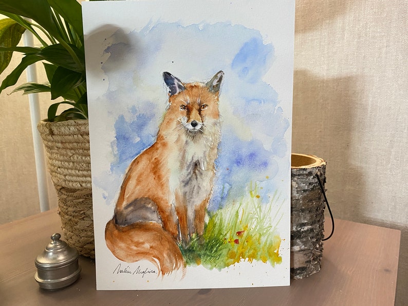 Original watercolor red fox, original painting of a fox, fox art, fox decoration, red fox illustration, little fox, vixen picture image 3