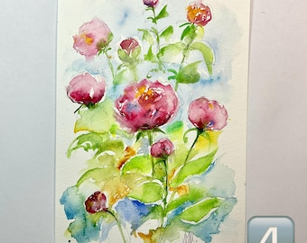 ピンクの牡丹と庭の花のオリジナルの水彩画、色とりどりの花の