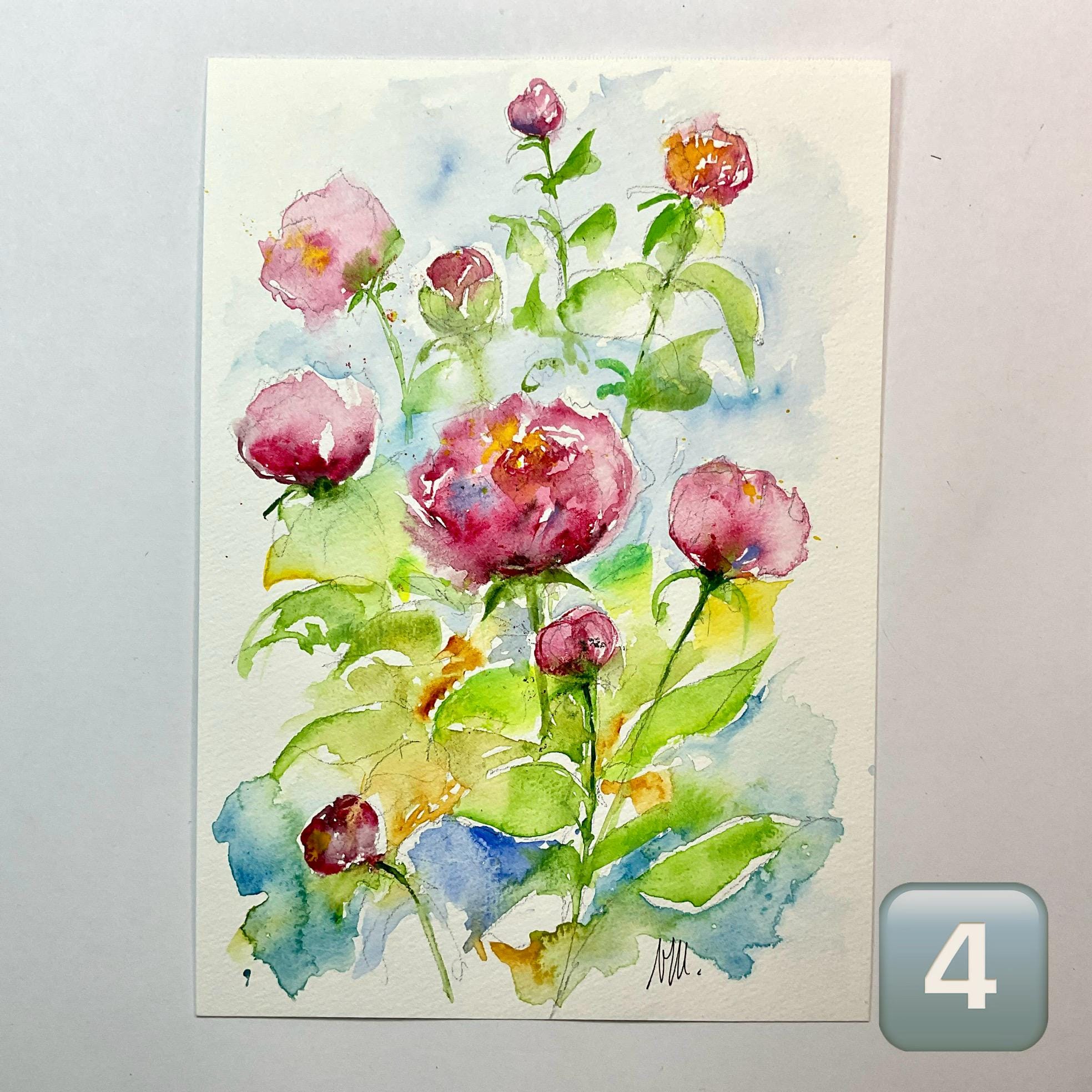 ピンクの牡丹と庭の花のオリジナル水彩画、色とりどりの花のオリジナル