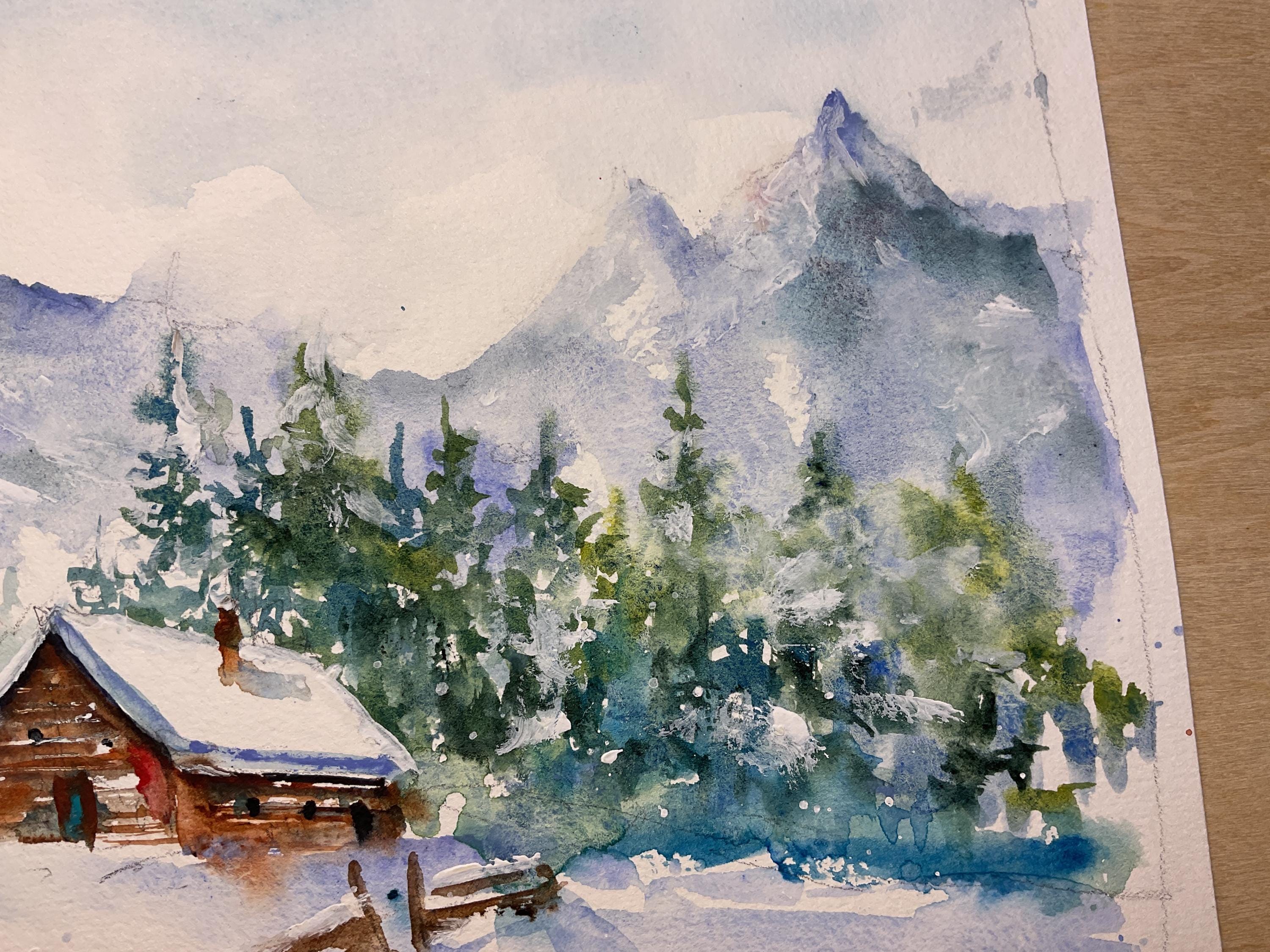 赤城山冬景色「雪ばれ」（水彩、切り絵）額付（748x564mm） 冬の山岳風景、雪に覆われた丘のオリジナル水彩画、雪景色、アルプスの