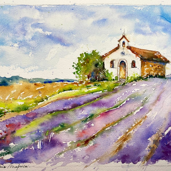 Aquarelle de champs de lavande, peinture originale de paysage de provence, champs de fleurs mauves en été à la campagne, chapelle provençale
