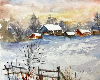 絵画　　田舎雪風景画 雪に覆われた田舎の夕焼けの風景のオリジナル絵画、雪の中の冬の家の