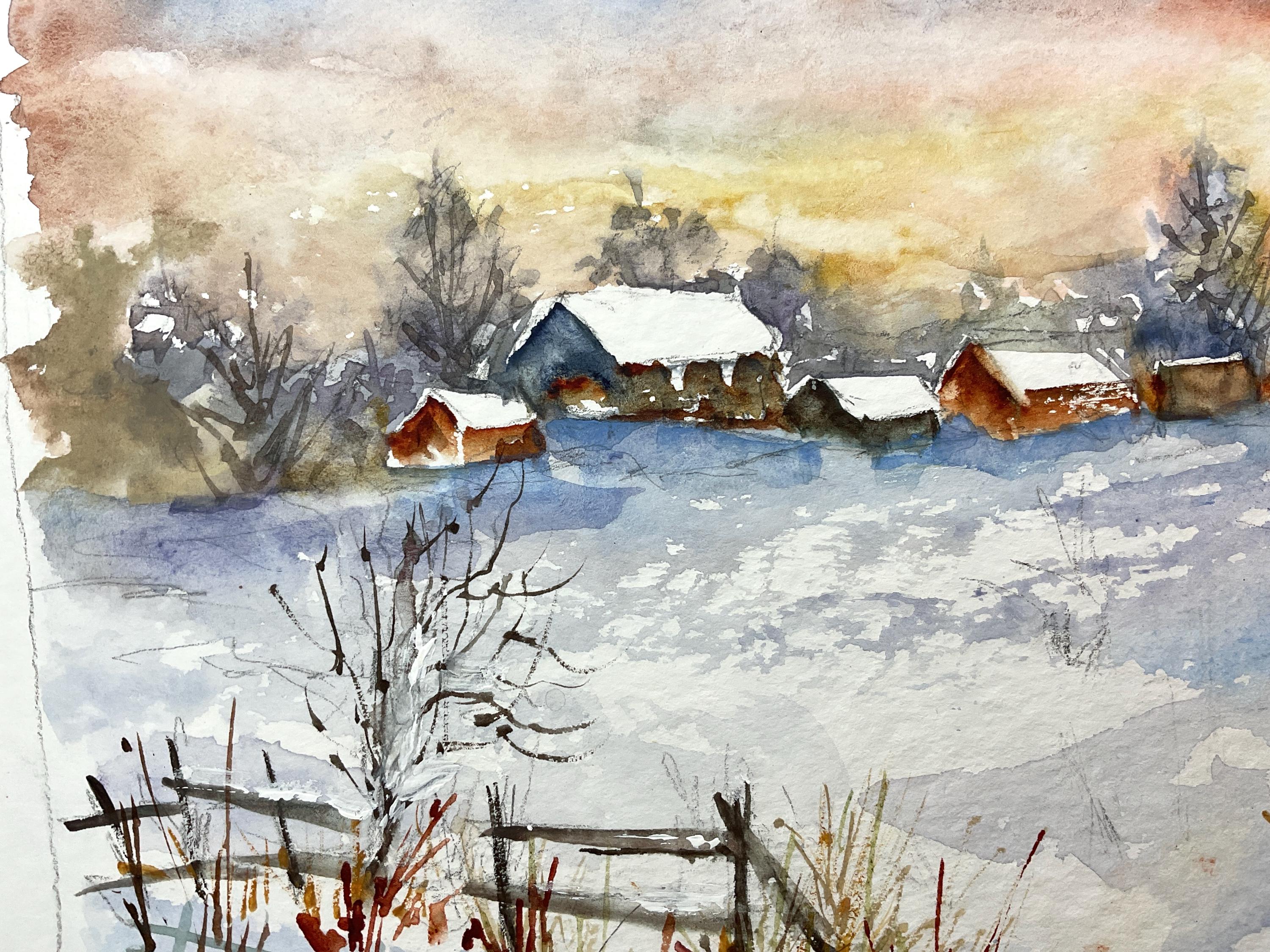 雪に覆われた田舎の夕焼けの風景のオリジナル絵画、雪の中の冬の家の