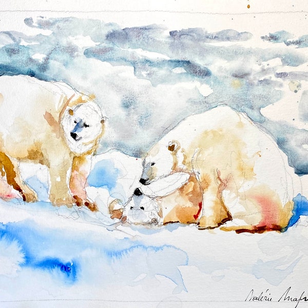 Ours polaires en peinture aquarelle originale, peinture d’ours blancs sur la banquise, trois ours polaires de l’arctique, art mural ours