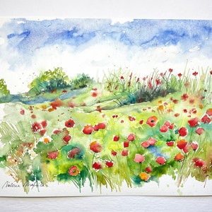 Paisaje de campos de amapolas, acuarela original de amapolas, naturaleza en verano, prados de flores y montones de paja, arte de amapolas imagen 2