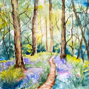 Spring forest landscape in watercolor, original painting of bright undergrowth, green forest wall decor, forest trees and foliage in the sun