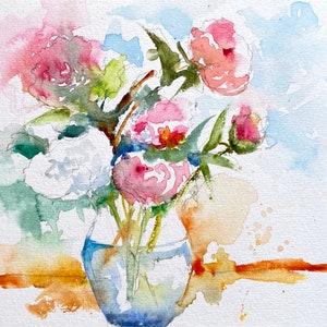 Aquarela original de peônias rosa e flores de jardim, arte original de parede de flores multicoloridas, buquê em vaso, pintura de flores