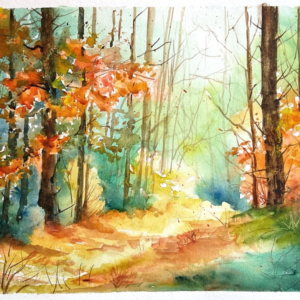 Aquarelle originale de paysage de forêt en automne, peinture d'un chemin en sous-bois, illustration arbres en automne