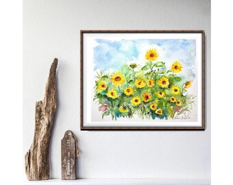 ひまわり畑の水彩画、ひまわりの原画、田舎の夏の花畑、典型的な