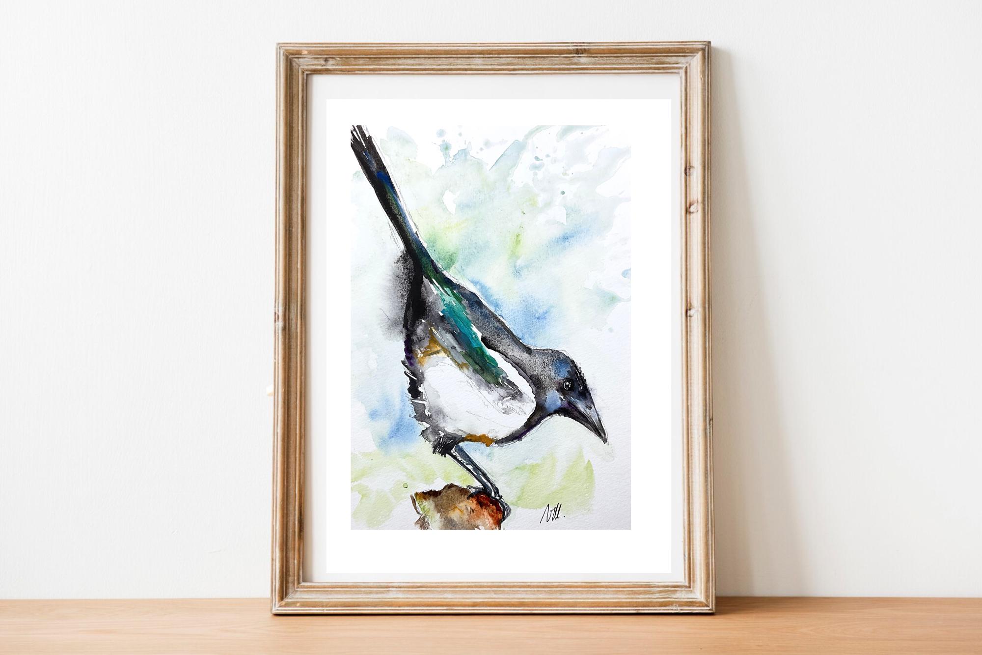 水彩画のカササギの原画、鳥をテーマにした絵画、庭や森から盗みを働く