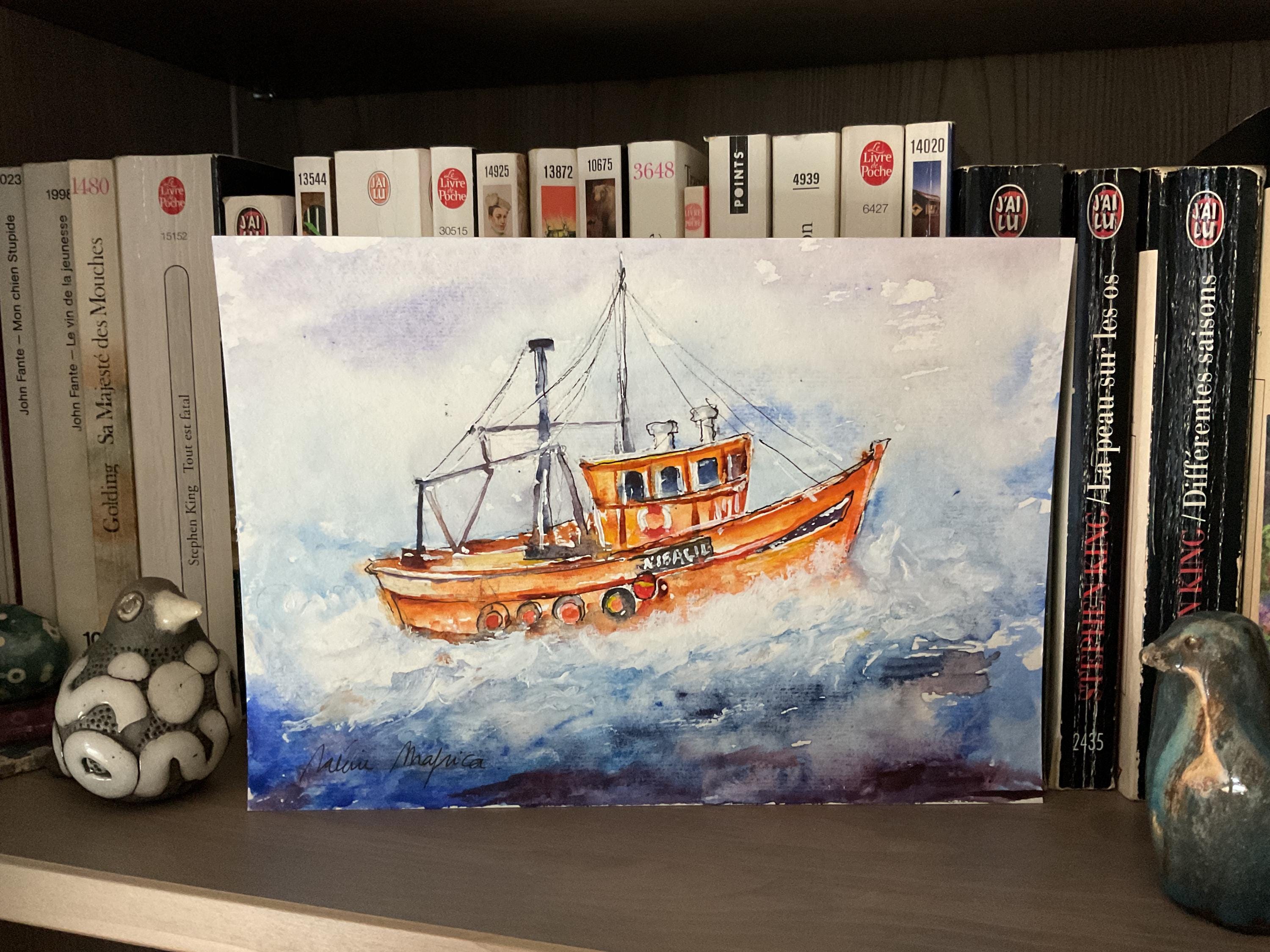 外洋に浮かぶカラフルな漁船の絵画、漁船の水彩画、海の風景、海の