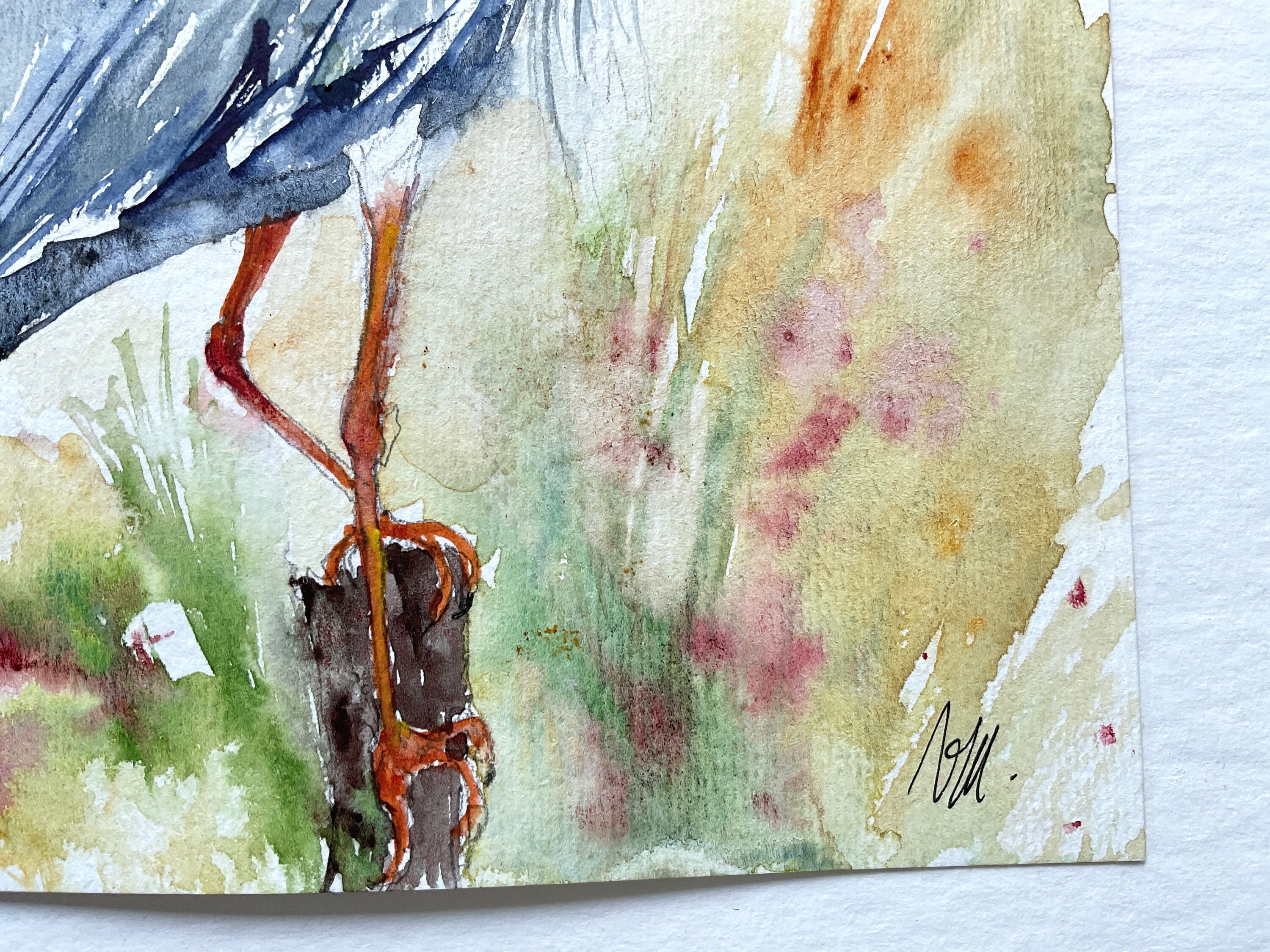 アオサギの絵画、オリジナルの水彩画、湿地や池の水鳥の絵画、鳥の