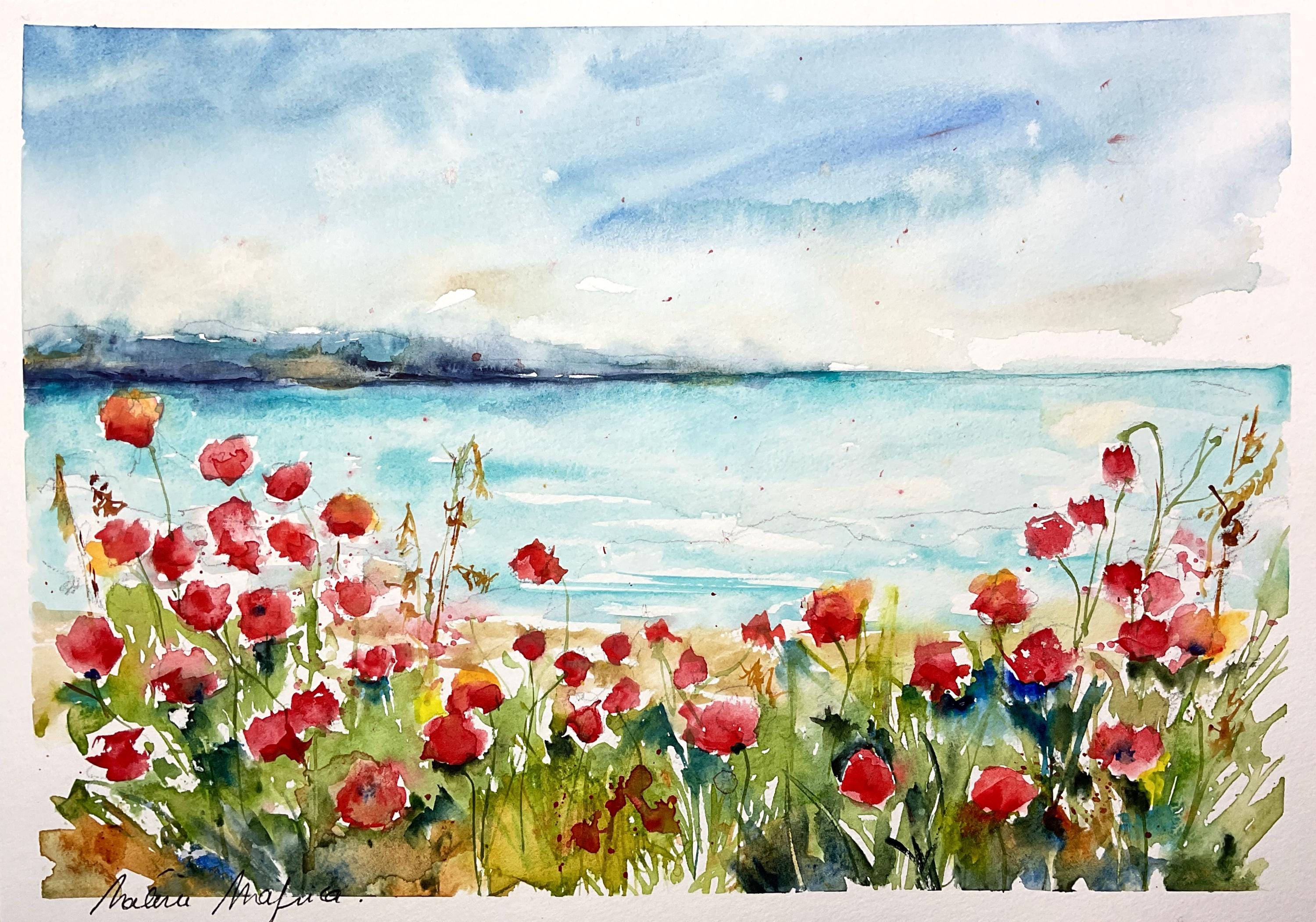 海辺に咲く赤いポピーを描いたオリジナルの水彩画。鮮やかな赤いポピー
