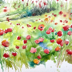 Paisaje de campos de amapolas, acuarela original de amapolas, naturaleza en verano, prados de flores y montones de paja, arte de amapolas imagen 6