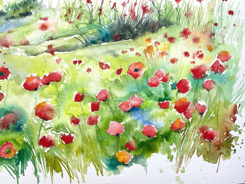 Paisaje de campos de amapolas, acuarela original de amapolas, naturaleza en verano, prados de flores y montones de paja, arte de amapolas imagen 6