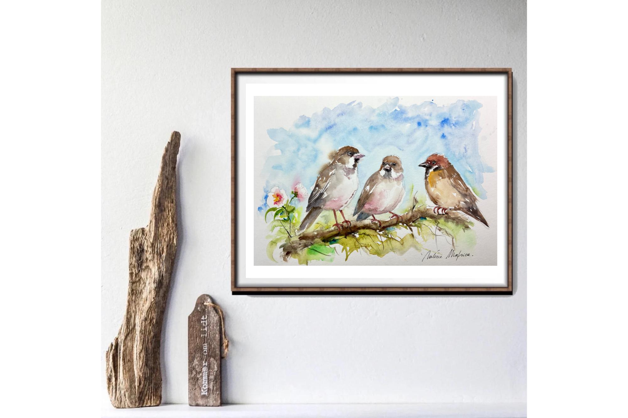 スズメのオリジナル水彩画、枝にとまる鳥の壁飾り、子供部屋の装飾
