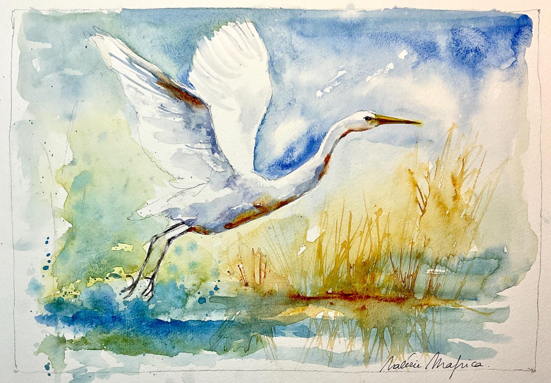 水彩画　風景画　湖畔　船　絵画　マーメイド紙　シラサギ　白サギ　白鷺　美術 水彩画風景画湖畔船絵画マーメイド紙シラサギ白サギ白鷺美術
