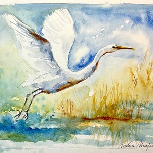 White Egret Bird in Original watercolor painting, wall art home deco of a majestic graceful white bird in flight over a lake in nature