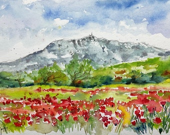 Original watercolor painting of Sainte Victoire mountain lined with poppy fields, original landscape of Provence in south of France