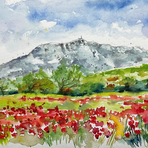 Peinture aquarelle originale de la montagne Sainte Victoire bordée de champs de coquelicots, paysage original de Provence sud de la France