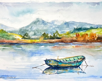 Barque sur le lac en été, paysage aquarelle originale, couleurs de nature, petit coin de pêcheur, paysage de campagne et de nature sereine