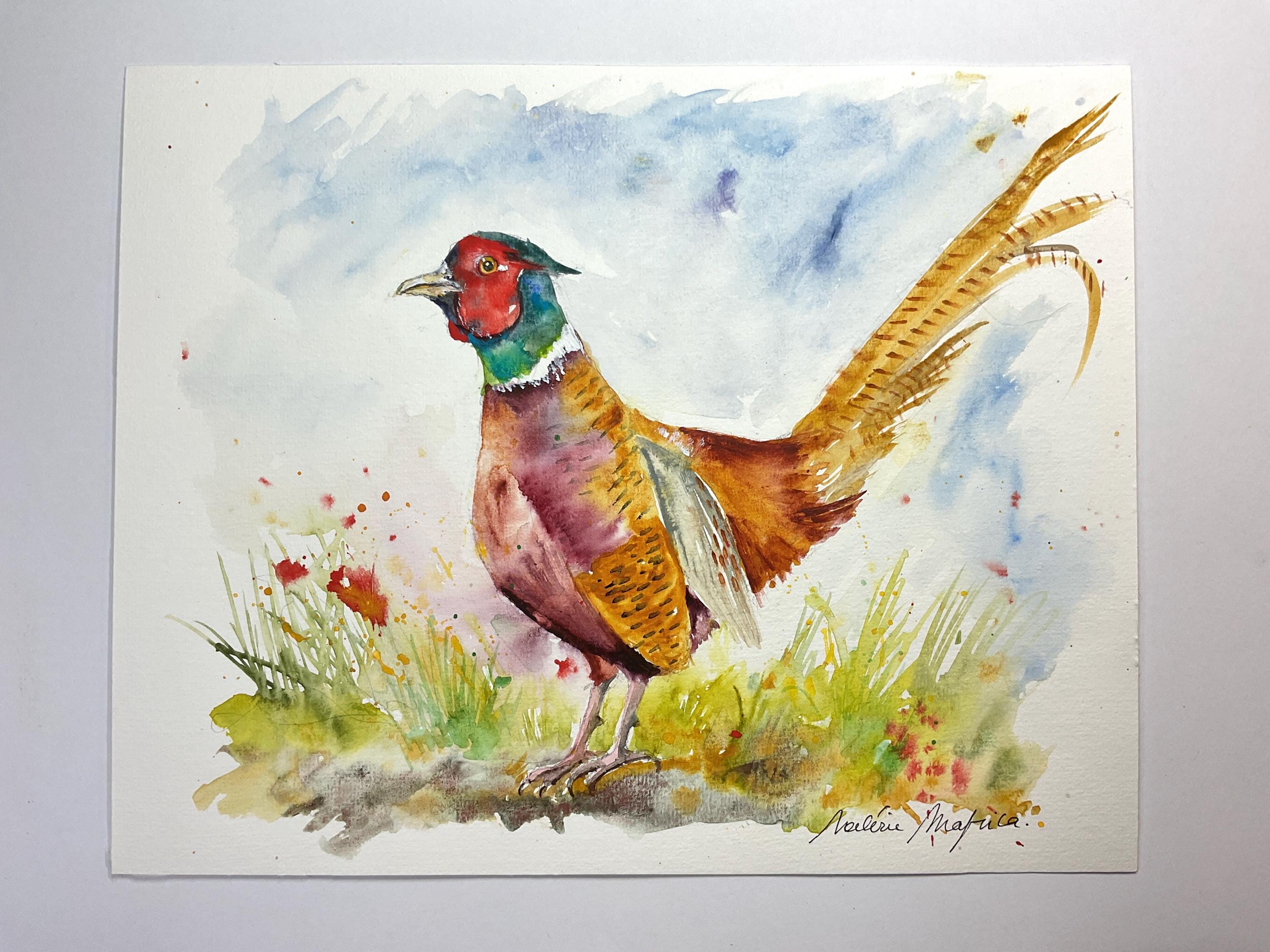 オリジナルのキジの絵画、野生動物の水彩画、森や田舎の鳥の壁画