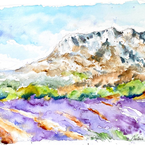 Pintura de Montagne Sainte Victoire en acuarela original, pintura de Mont Venturi Aix en Provence, región de Provenza y pico de moscas