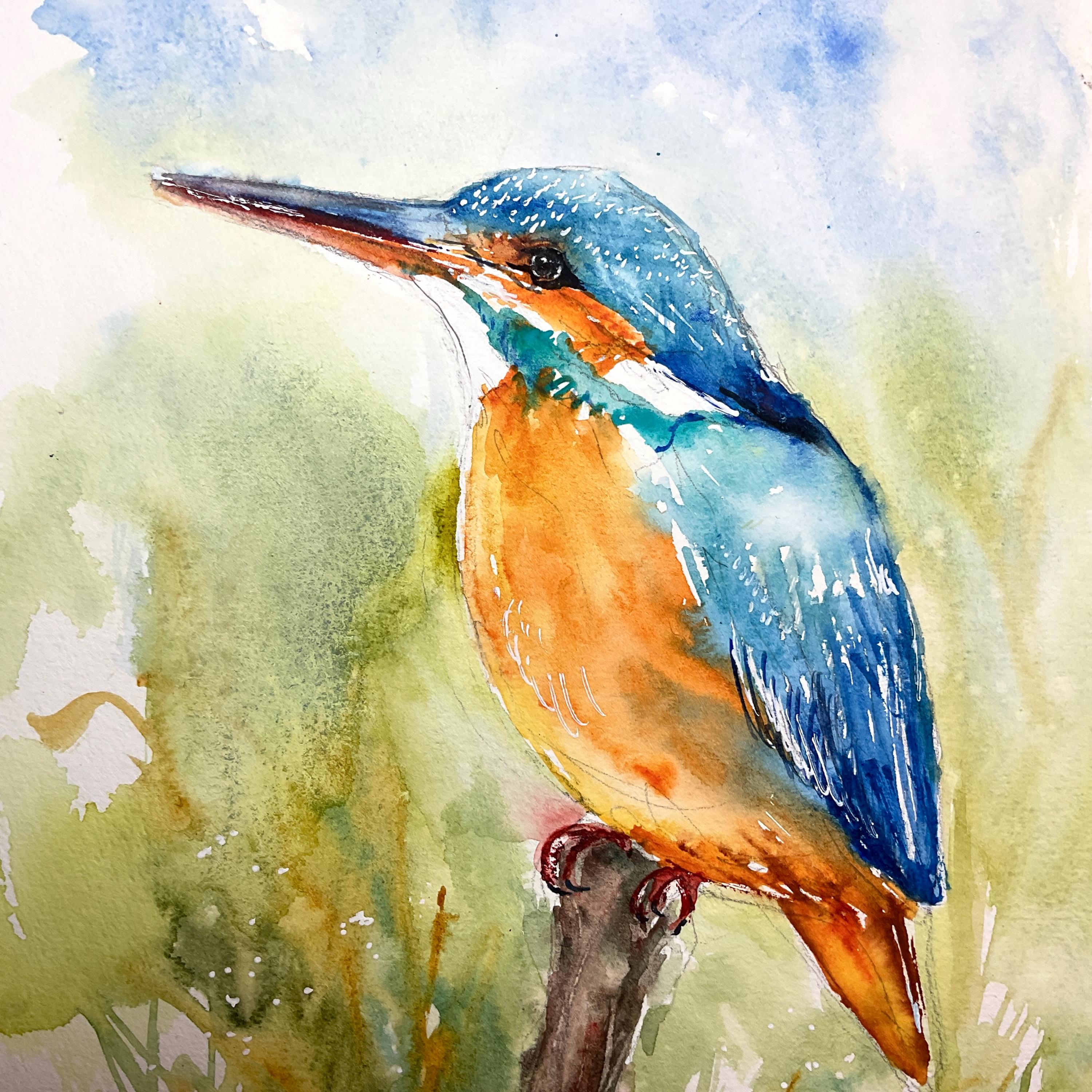 カワセミのオリジナル水彩画、鳥類学の壁画、池や森の美しい色鮮やかな