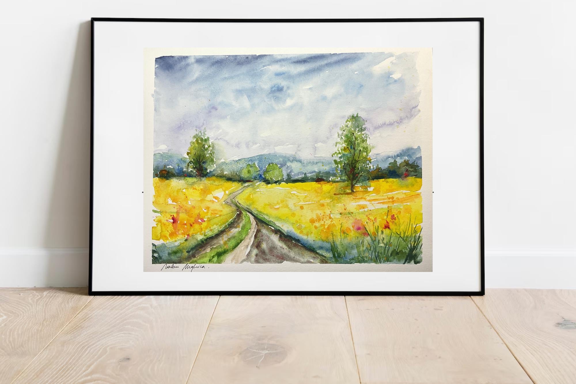 オリジナルの水彩画で描かれた春の田園風景、明るい菜種畑とハイキング