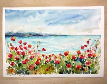水彩画「ポピーの咲く頃」 海辺に咲く赤いポピーを描いたオリジナルの水彩画。鮮やかな赤いポピー