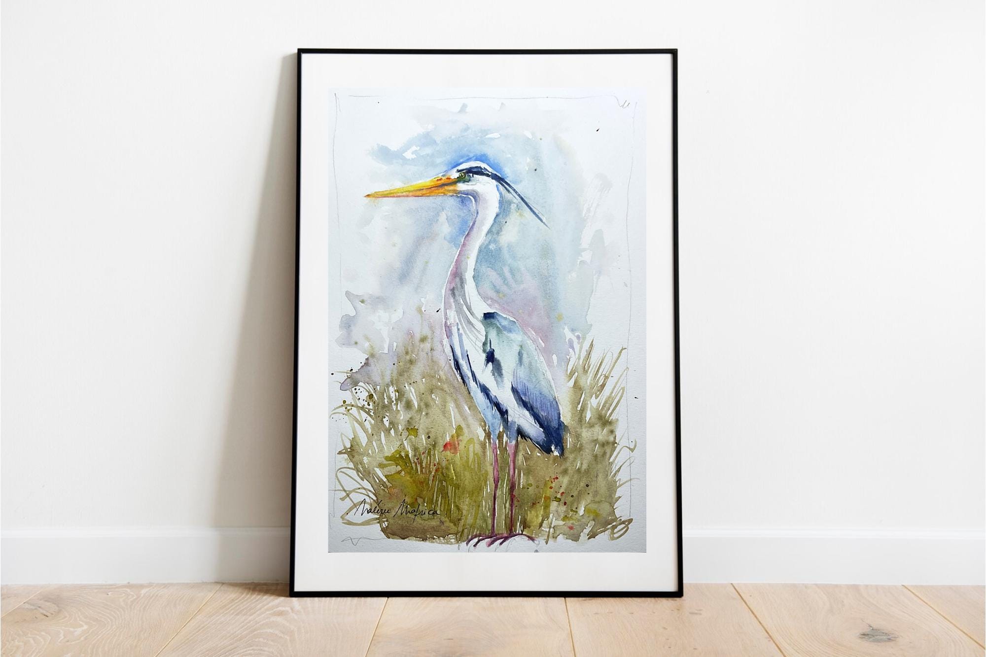 アオサギ油彩画 アオサギの絵画、アオサギのオリジナル水彩画、沼地や池の水鳥の絵画
