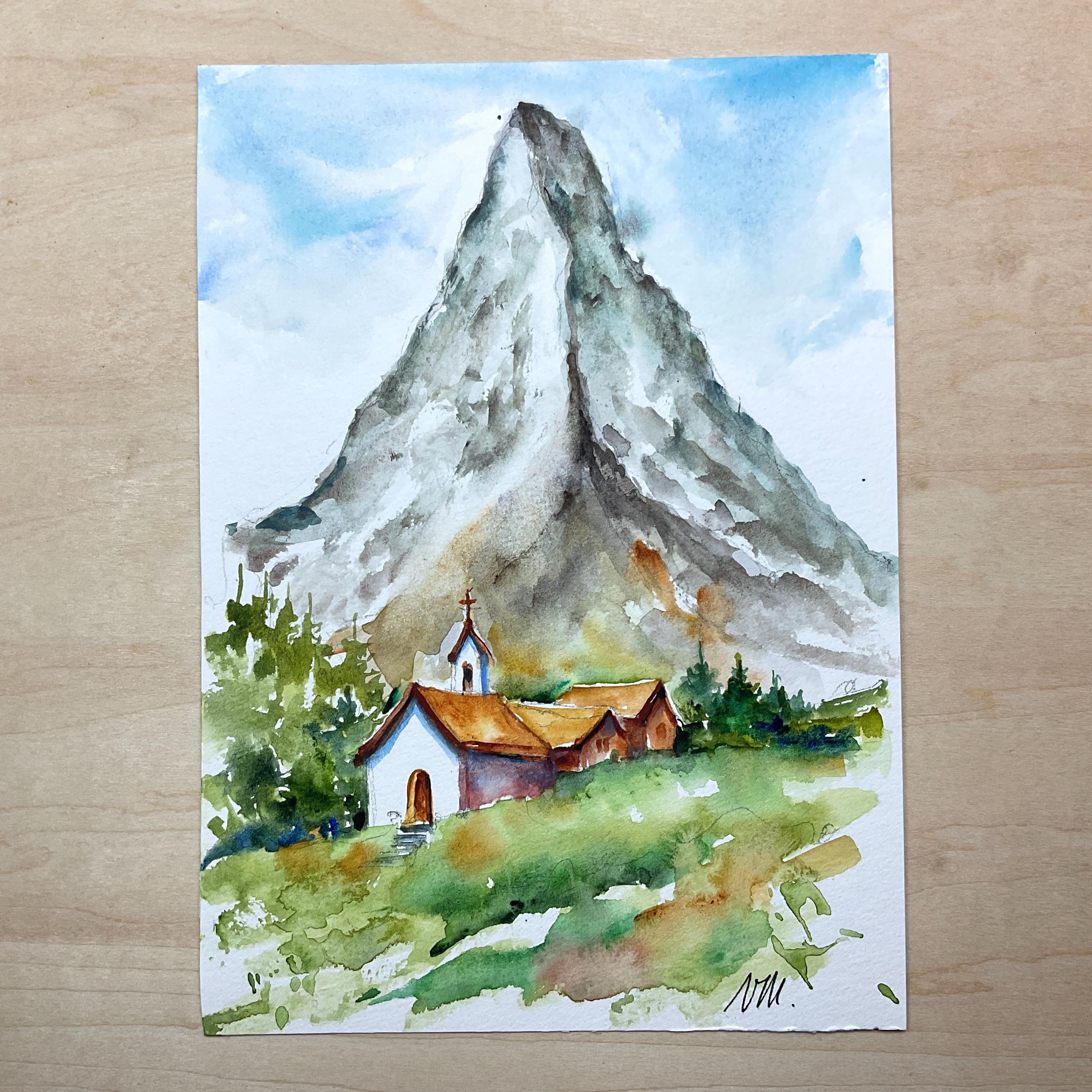 夏のマッターホルンの水彩画。スイスアルプスのマッターホルンの風景