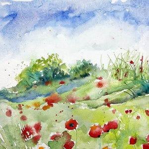 Paisaje de campos de amapolas, acuarela original de amapolas, naturaleza en verano, prados de flores y montones de paja, arte de amapolas imagen 4