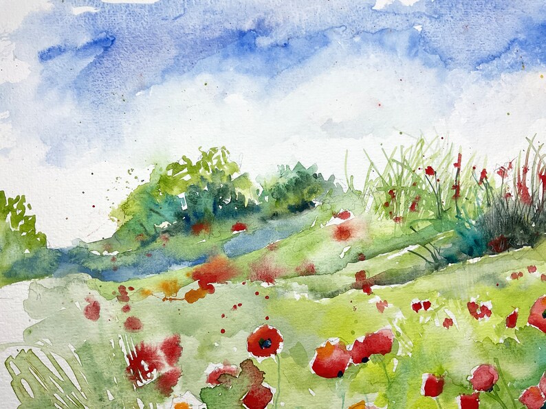 Paisaje de campos de amapolas, acuarela original de amapolas, naturaleza en verano, prados de flores y montones de paja, arte de amapolas imagen 4