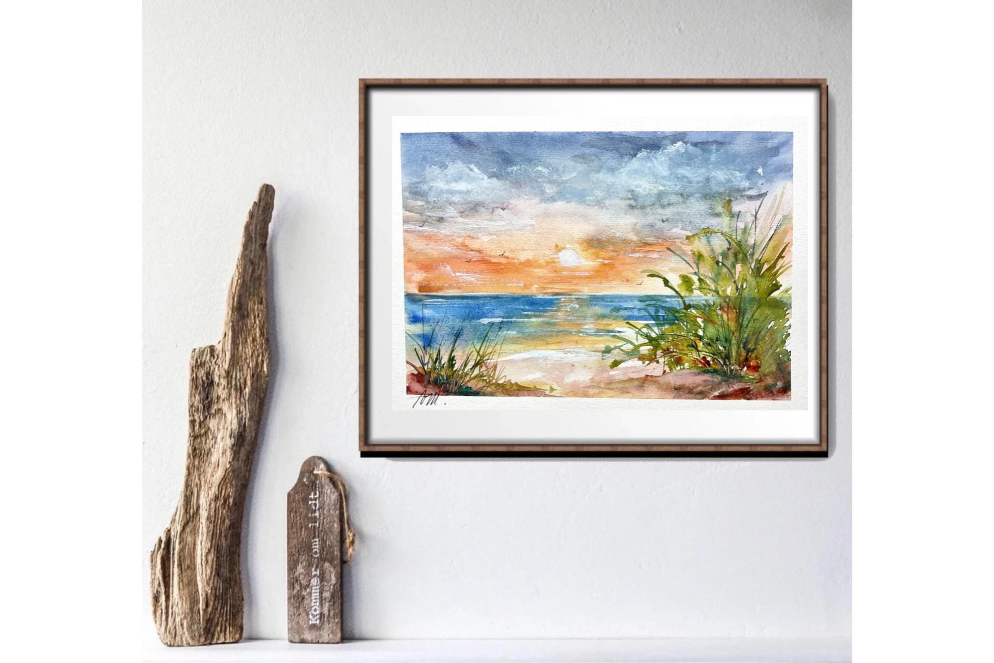 海の夕日の絵画、華やかでロマンチックな海の夕日、白熱した空の