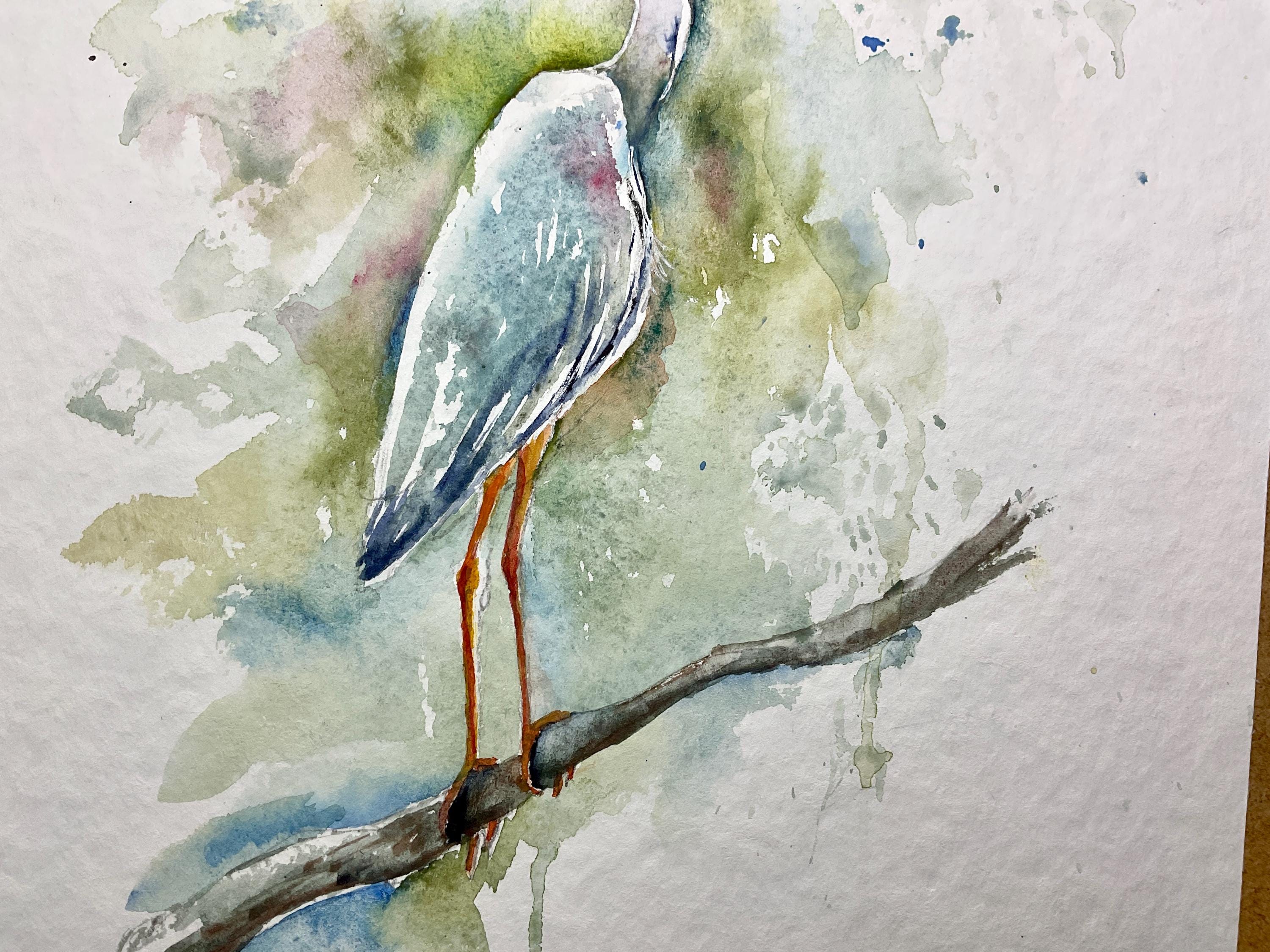 アオサギの絵画、オリジナルの水彩画、湿地や池の水鳥の絵画、鳥の